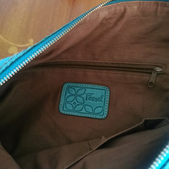 Vintage Fossil Teal Patchwork Boho Leather Shoulder Bag with Leather Tassel - Picture 11 of 11
